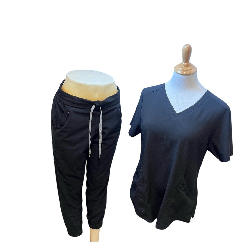Black Scrub Set Top Pants V Neck Jogger Style Women's Medical Uniform